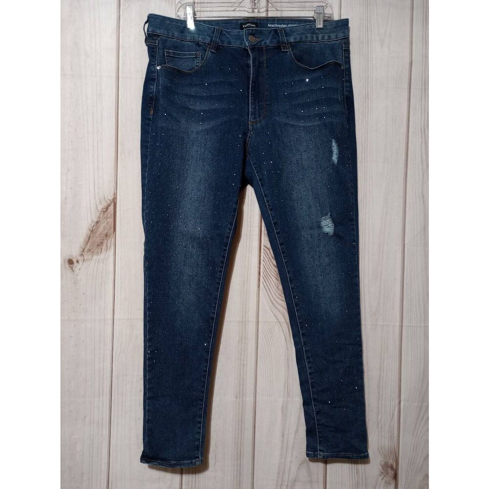 Bebe Heartbreaker Skinny Jeans Dark Wash Rhinestone Distressed Womens 16W